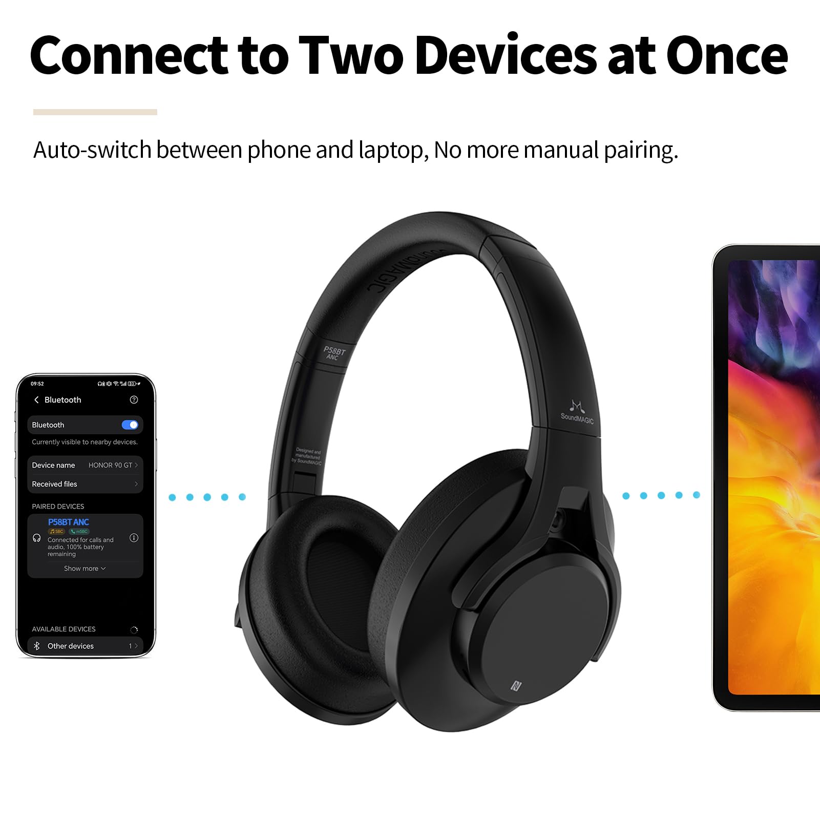 SoundMAGIC P58BT ANC Over Ear Hybrid Active Noise Cancelling Bluetooth Kopfhörer mit CVC Rauschunterdrückung, immersives Audio, niedrige Latenz, Schwarz 7