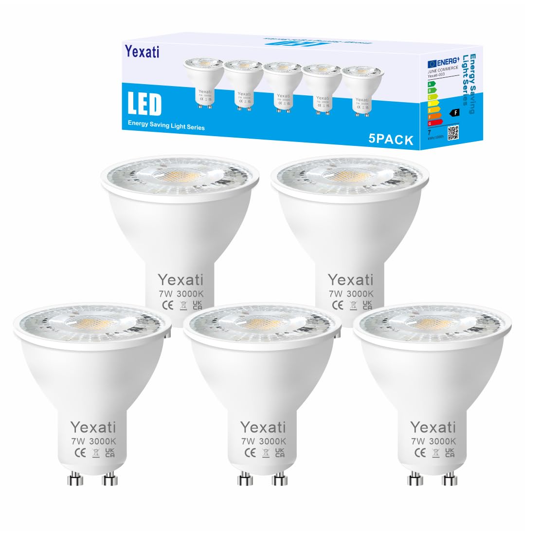 Yexati LED Bulb GU10,550 lumens, 7w(Equivalent to 50w Led Halogen), Warm White 3000k,Non Dimmable, Pack of 5