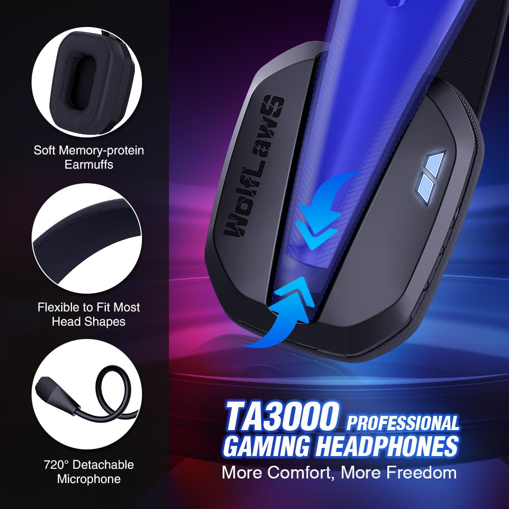 Wireless Gaming Headset for PC, PS5, PS4, Mac, Switch, Bluetooth Over-Ear Headphones with Detachable and Built-in Mics, Low Latency, Lightweight, 48H Battery, Noise Isolation - Black