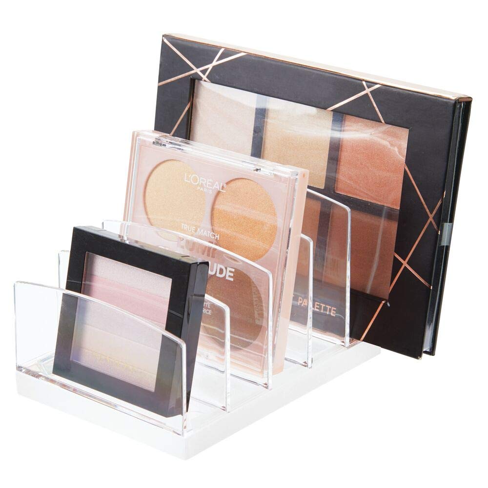 mDesign Plastic Makeup Organizer for Bathroom Countertops, Vanities, Cabinets: Cosmetics Storage Solution for - Eye Shadow Palettes, Contour Kits, Blush, Face Powder - 5 Sections - Clear/White