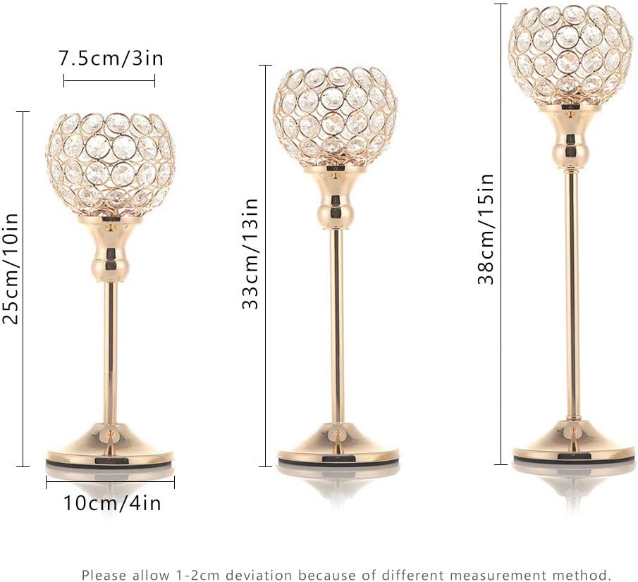 Vincidern Gold Crystal Candle Holder Decor for Wedding Centerpiece, Tealight Candlestick Holder for Fireplace Candelabra, Home Decor, Party, Housewarming Gift (Pack of 3Pcs): Home & Kitchen