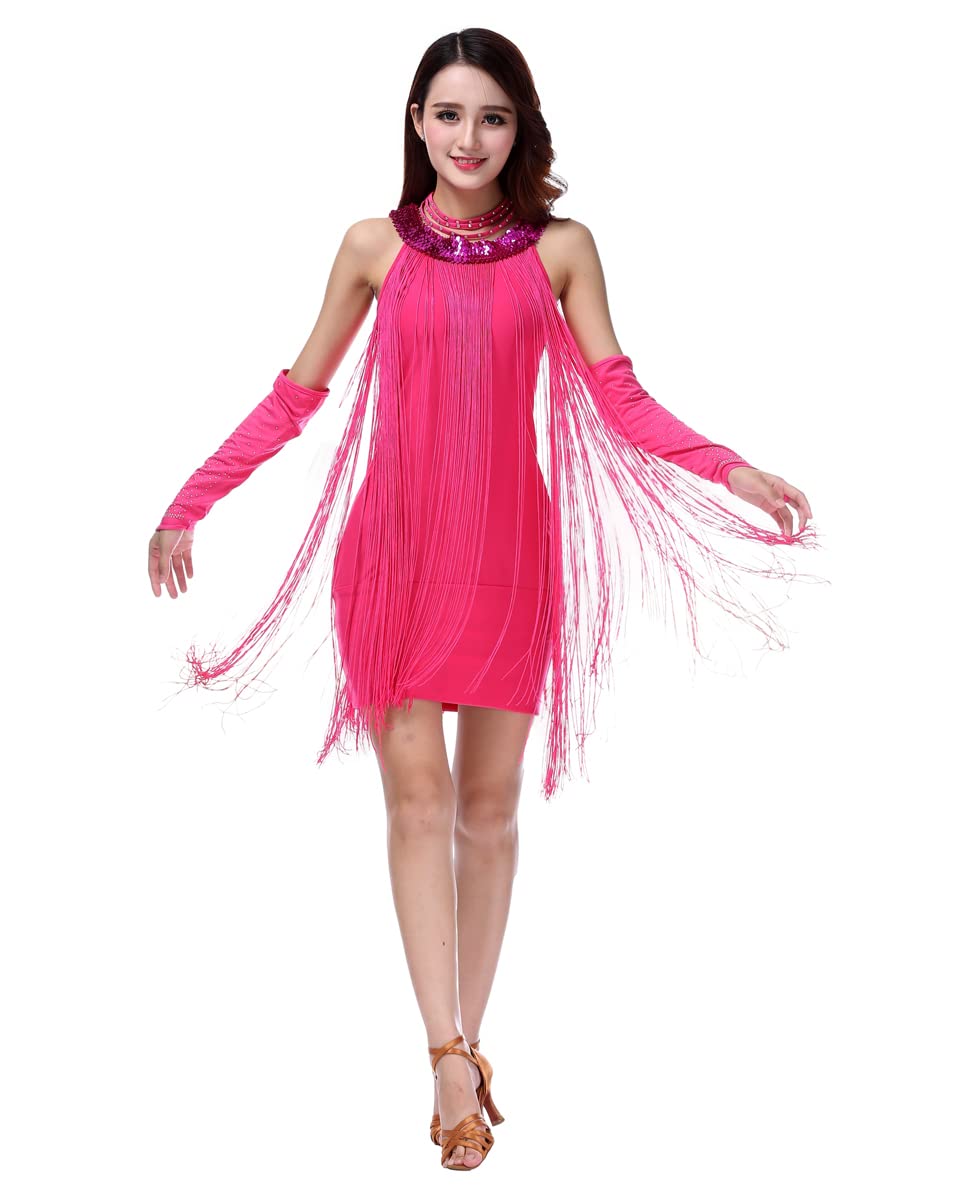 Grouptap Latin dance party womens crew neck fringe tassel dress (no arm gloves) girls cha cha costume (UK Women 4/6/8) (Pink, XS)