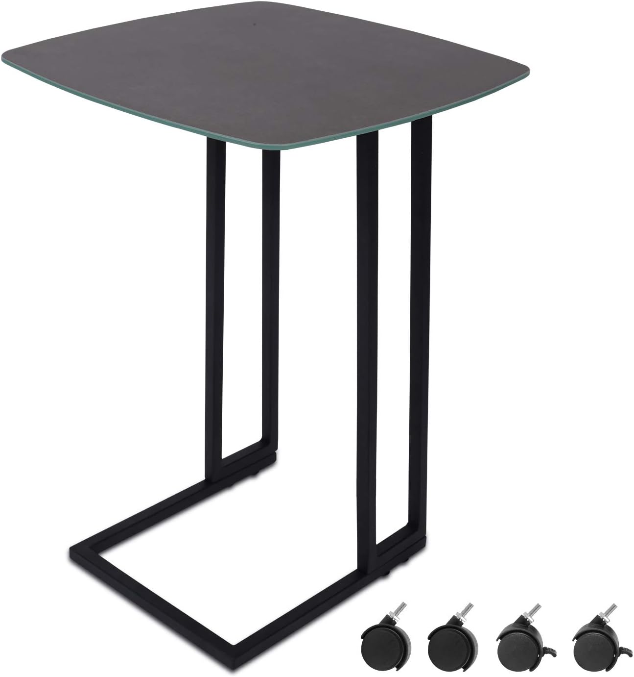 Modern End Table, Rolling C Shaped Side Table with Casters, Italian-Designed Tempered Glass Top, Weatherproof Outdoor & Indoor, Dark Gray Finish Coffee Table, Nightstand, TV Trays, ET220A-GY: Kitchen & Dining