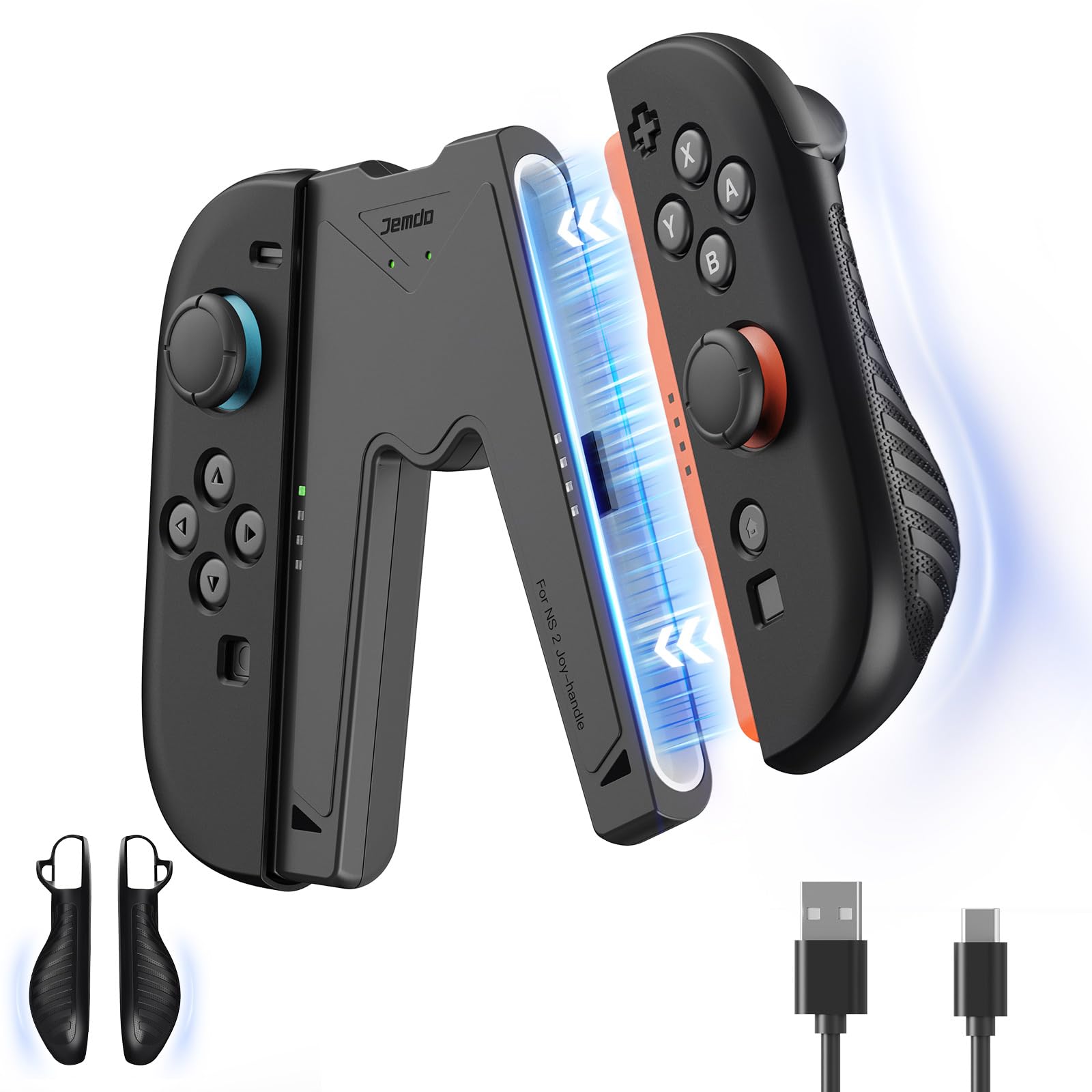 JEMDO Ergonomic JoyCon Charging Grip for Nintendo Switch 2 Only, Magnetic Charger with USB-C Cable & LED Indicator, Comfortable Textured Anti-Slip Grip, Reinforced Back Support Cover, Travel-Ready, Black