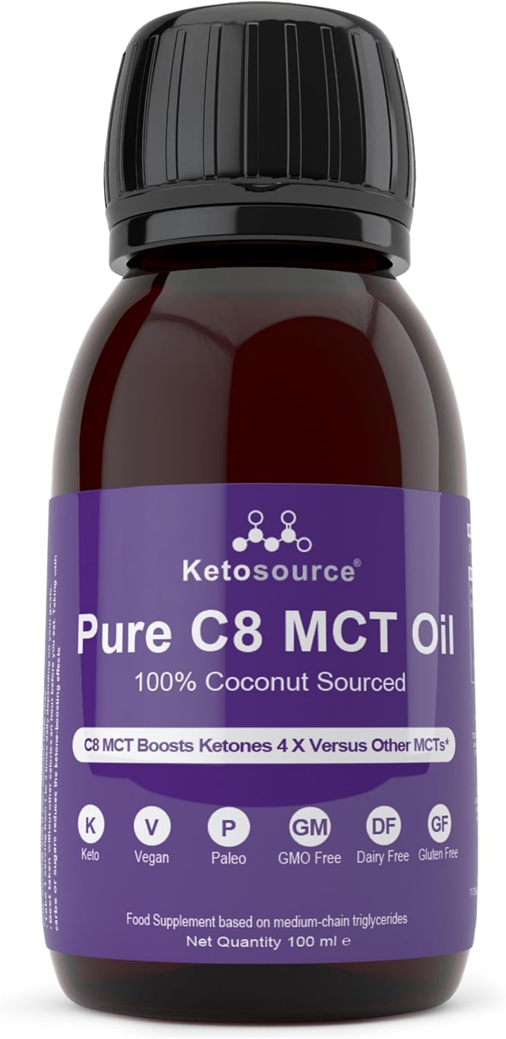 Pure C8 MCT Oil | Boosts Ketones 4X Versus Other MCTs | Supports Keto & Fasting | Highest 99%+ Purity | 100% Coconut Sourced | Vegan Safe & Gluten Free | Premium Lab Tested Purity | 100ml Ketosource®