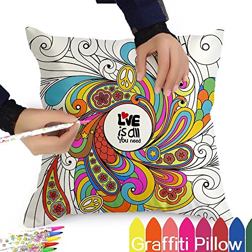 Whirlpool Flowers DIY Coloring Pillowcase Decoration, 18 Inch Square with A Set of 12 Doodle Color Pens, Creative Gift for Kids (Whirlpool)