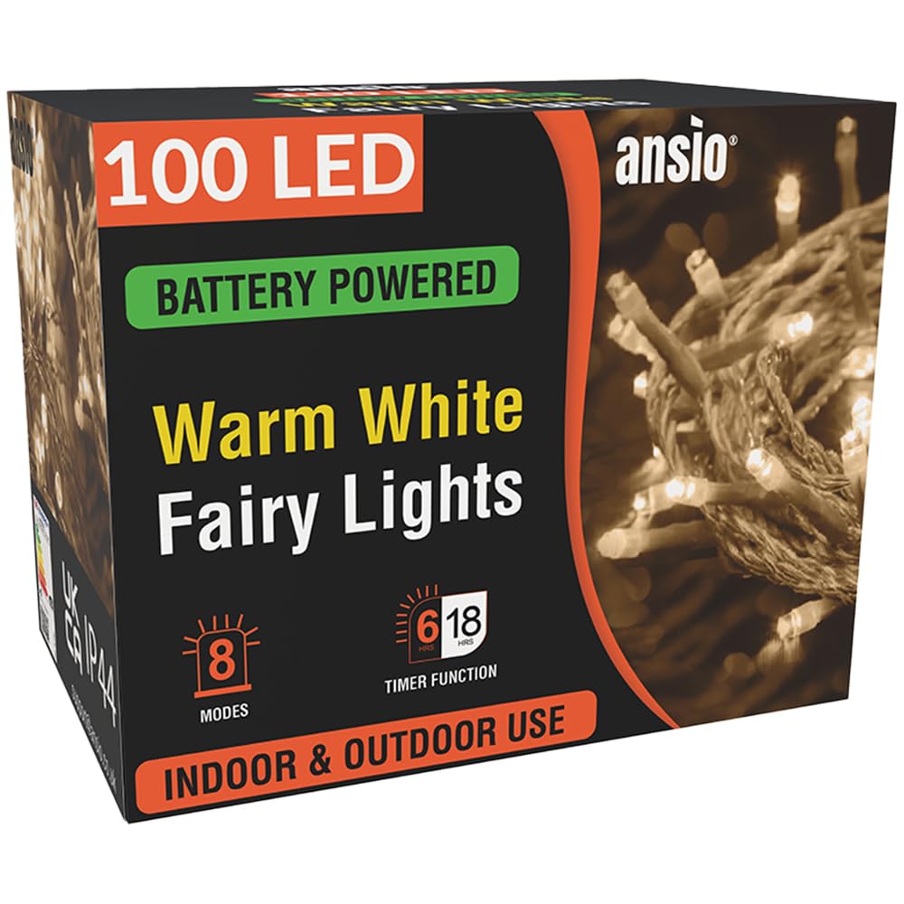 ANSIO Battery Fairy Lights Battery Operated 100 LED Indoor Outdoor Christmas Lights Bedroom with 8 Functions 10m/33ft Ideal for Christmas Tree, Party, Wedding Decoration-Warm White Clear Cable