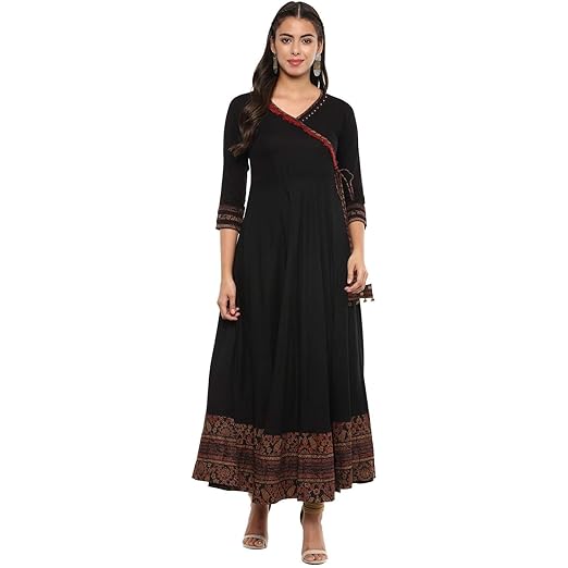 Women's Rayon Printed Angrakha Style Anarkali Kurta (Black)