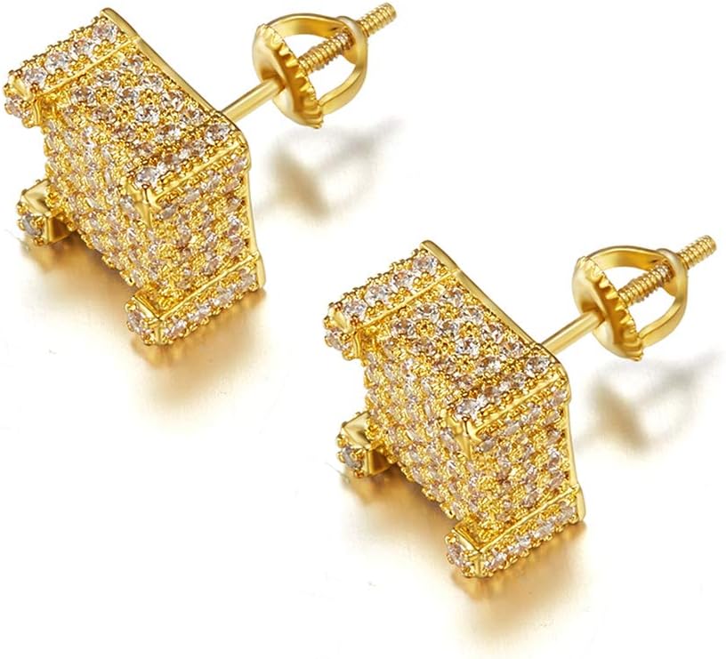 SENTERIA Iced Out Mens Earring Cubic Zirconia Cubist Screw Back 18k Yellow Gold plated Hypoallergenic Square Stud Earring For Men and Women Hip Hop Jewelry