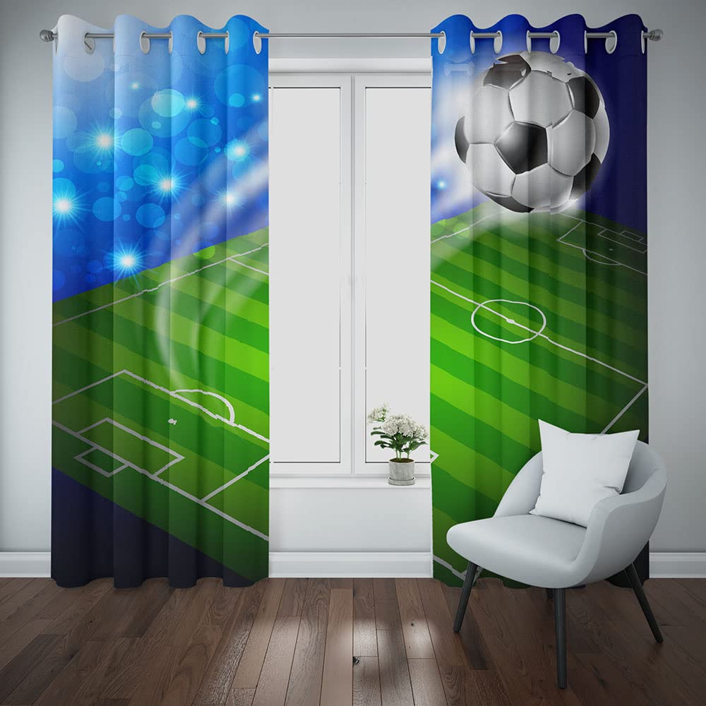 MUZHILI Football Curtains Eyelet Blackout Thermal Insulated Window Drapes with Sports Theme Flame Soccer Print Pattern for Kids Boys Bedroom Living Room(W117cm (46") x D183cm (72"))
