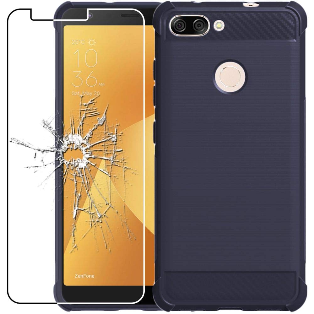 ebestStar - for Asus Zenfone Max Plus M1 Case ZB570TL, Cover Protection Carbon Design, Premium Soft TPU, Dark Blue + Glass Screen Protector