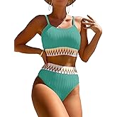 Zuvebamyo Women's High Waisted Swimsuit Two Piece Ribbed Bikini Sets Crop Top High Cut Cheeky Bathing Suits