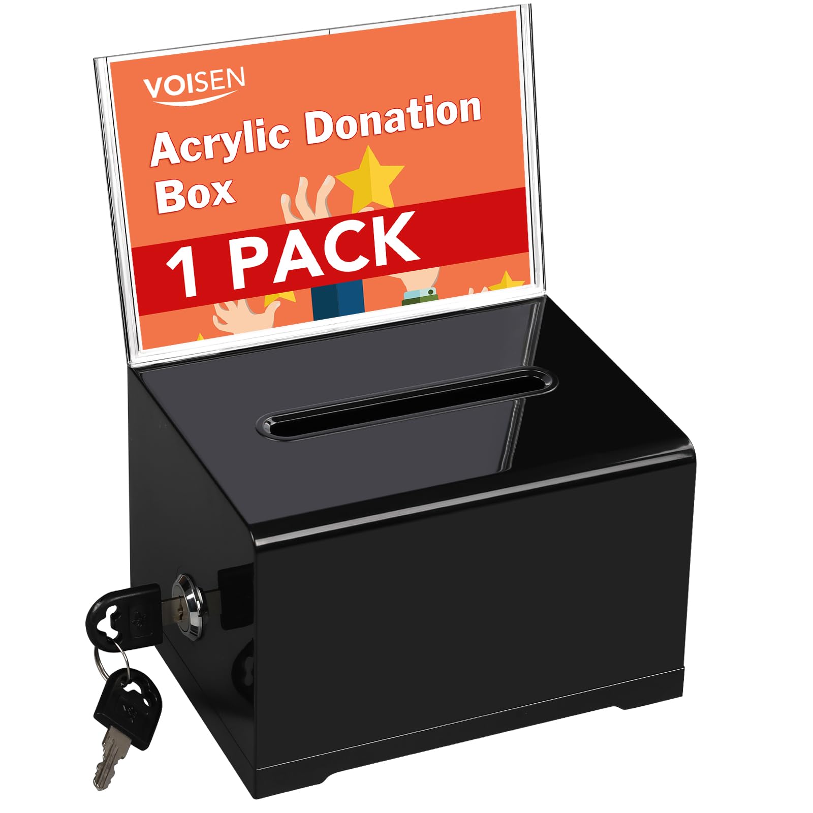 Photo 1 of VOISEN Acrylic Donation Box with Lock, Black Tip Jar with Sign Holder, Suggestion Box for Fundraising, Donation, Bar, School Voting, 6.2x4.6x3.9 Inch