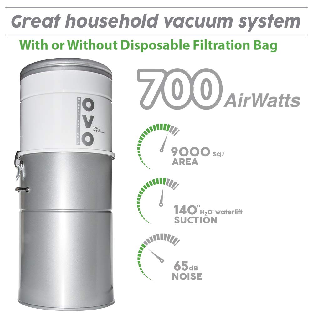OVO Large Capacity Hybrid 700 Airwatts System Power Unit with Deluxe Plus Accessory Kit Included Central Vacuum Cleaner, Vac, Sliver - PAK70DP