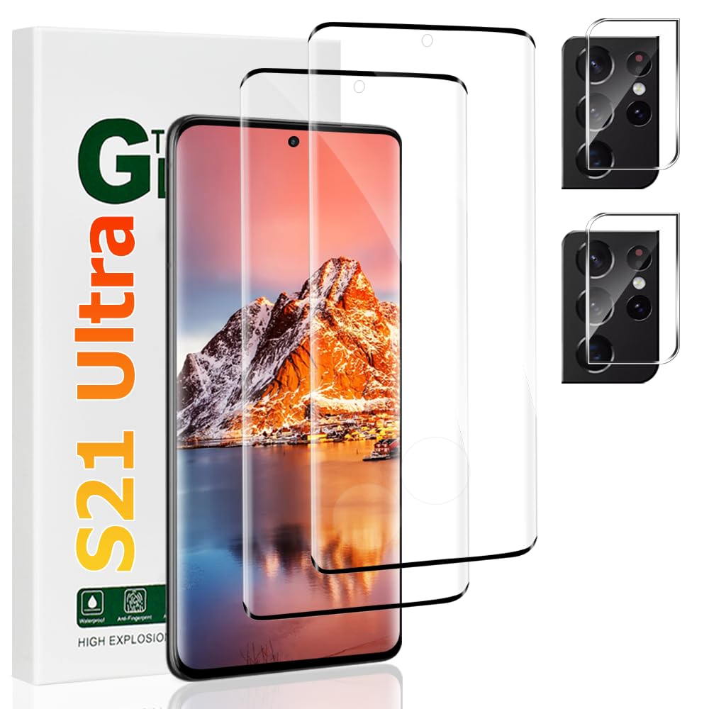 Photo 1 of (2+2 Pack) Galaxy S21 Ultra Screen Protector + Camera Lens Protector, Full Clarity Coverage, 9H Tempered Glass, Ultrasonic Fingerprint Support, Anti Bubble, for Samsung Galaxy S21 Ultra (6.8 Inch)