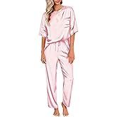 Ekouaer Womens Satin Silky Pajama Set Short Sleeve Shirt with Long Pajama Pant Set Soft PJ Loungewear