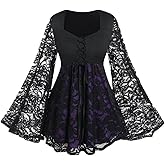 ROSE GAL Women Plus Size Lace-up Gothic Witch Halloween Costume Bell Sleeves T-Shirt
