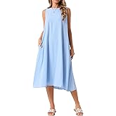 Seta T Women's Linen Dresses Crewneck Loose Fit Shift Sleeveless Sundresses Casual Tank Dress with Pockets