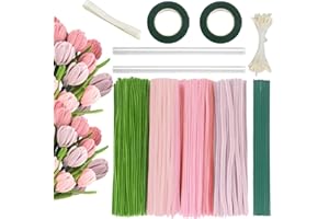 400 Pcs Pipe Cleaners Craft Set with Floral Wires,Pink Chenille Stems Flower Making Kit,Gardening Cleaner Tape & Ribbon,4 Ass