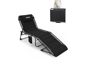 WKFAMOUT Outdoor Folding Lounge Chair Padded for Adults 330Ibs Patio Chaise Lounge Chair for Outside 5-Position Adjustable Reclining Beach Chair with Pillow Pocket