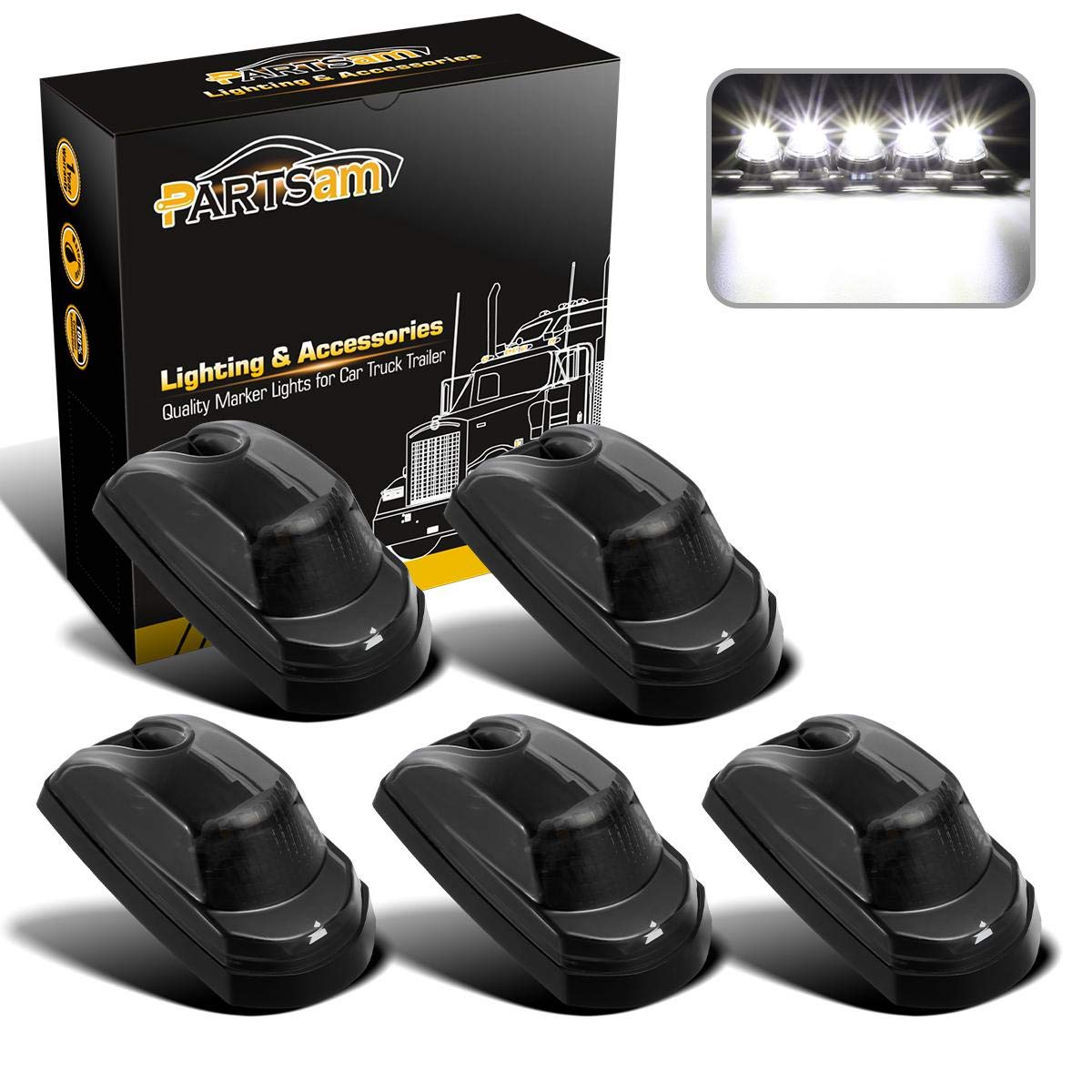 Photo 1 of Partsam 5Pcs Smoke Lens Cab Marker Roof Running White LED Top Clearance Lights Assembly 9LED Compatible with Ford F250 F350 F450 F550 Cab Lights 2017 2018 2019 2020 2021 Super Duty 264343BK