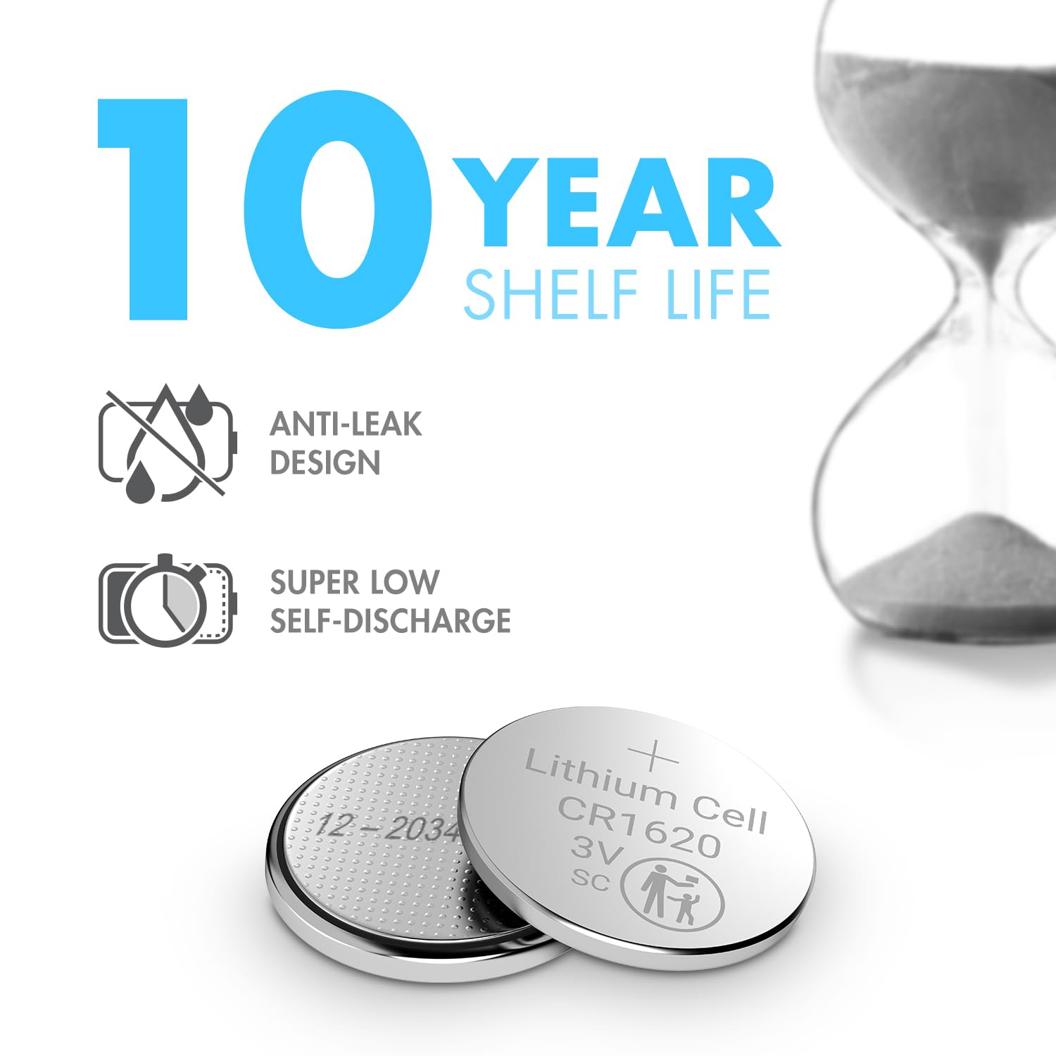 Tenergy CR1620 3V Lithium Button Cell Battery, for Car Keys, Watches, Calculators, Remote Controls, 5 Count