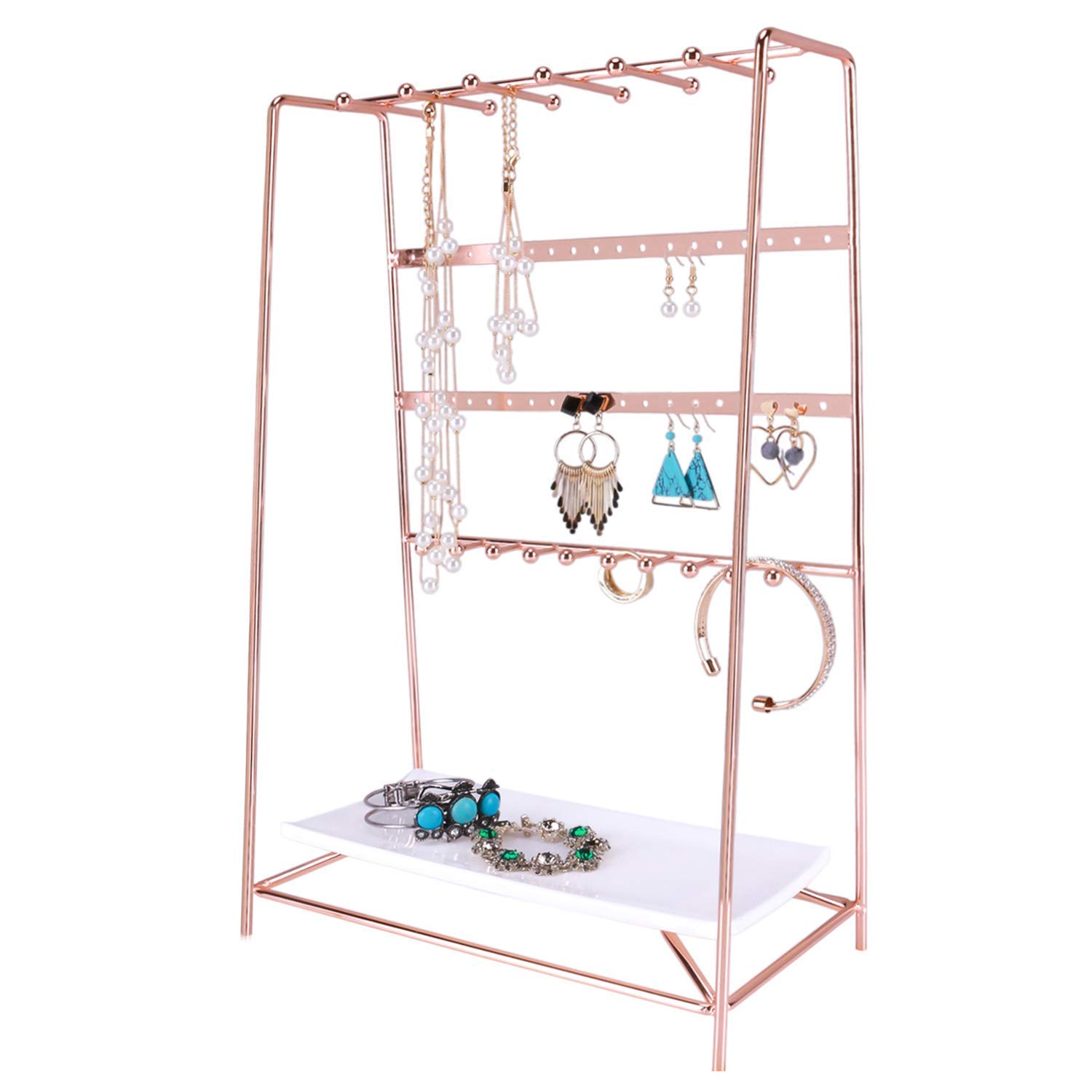 PLINRISE Rose Gold Jewelry Stand, Desktop Jewelry Organizer with Tray