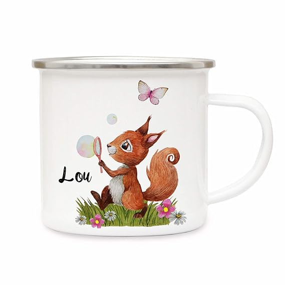 ilka parey wandtattoo-welt Emaillebecher Becher Tasse Camping Eichhörnchen Seifenblase mit Schmetterling & Wunschname Name Ka