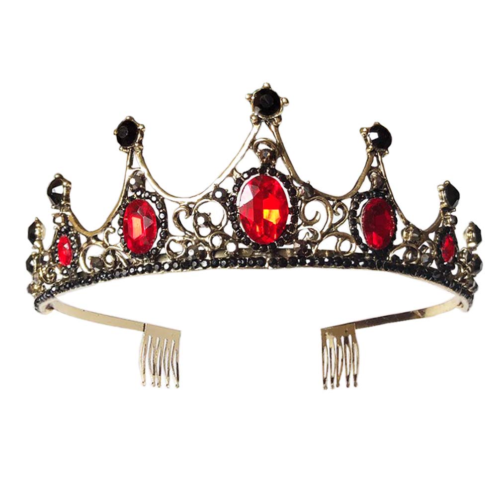Rhinestone Crown Wedding Bride Tiara Women Headdress Elegant Headwear Photography Props Party Headpiece (Red and Golden)