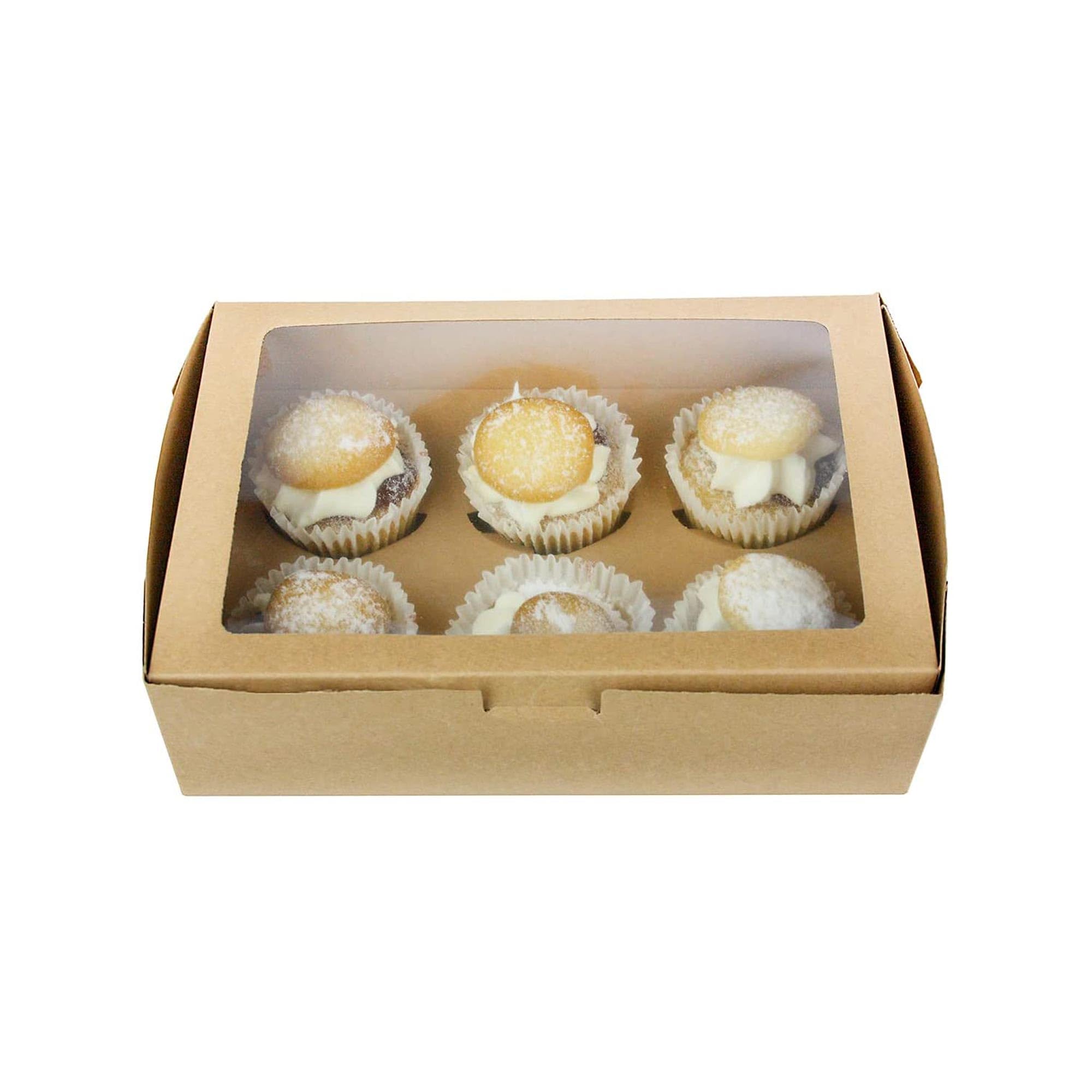 Emartbuy Kraft Bakery Cupcake Muffin Party Boxes Containers with Clear Window Cardboard Insert Holds 6 Cupcakes - Pack of 36