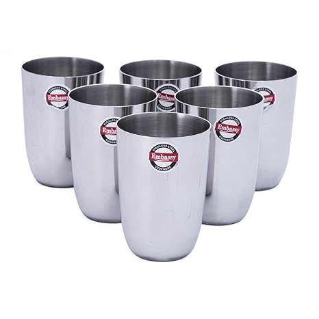 Embassy Stainless Steel Lotus Sleek Glass, Pack of 6, 300 ml