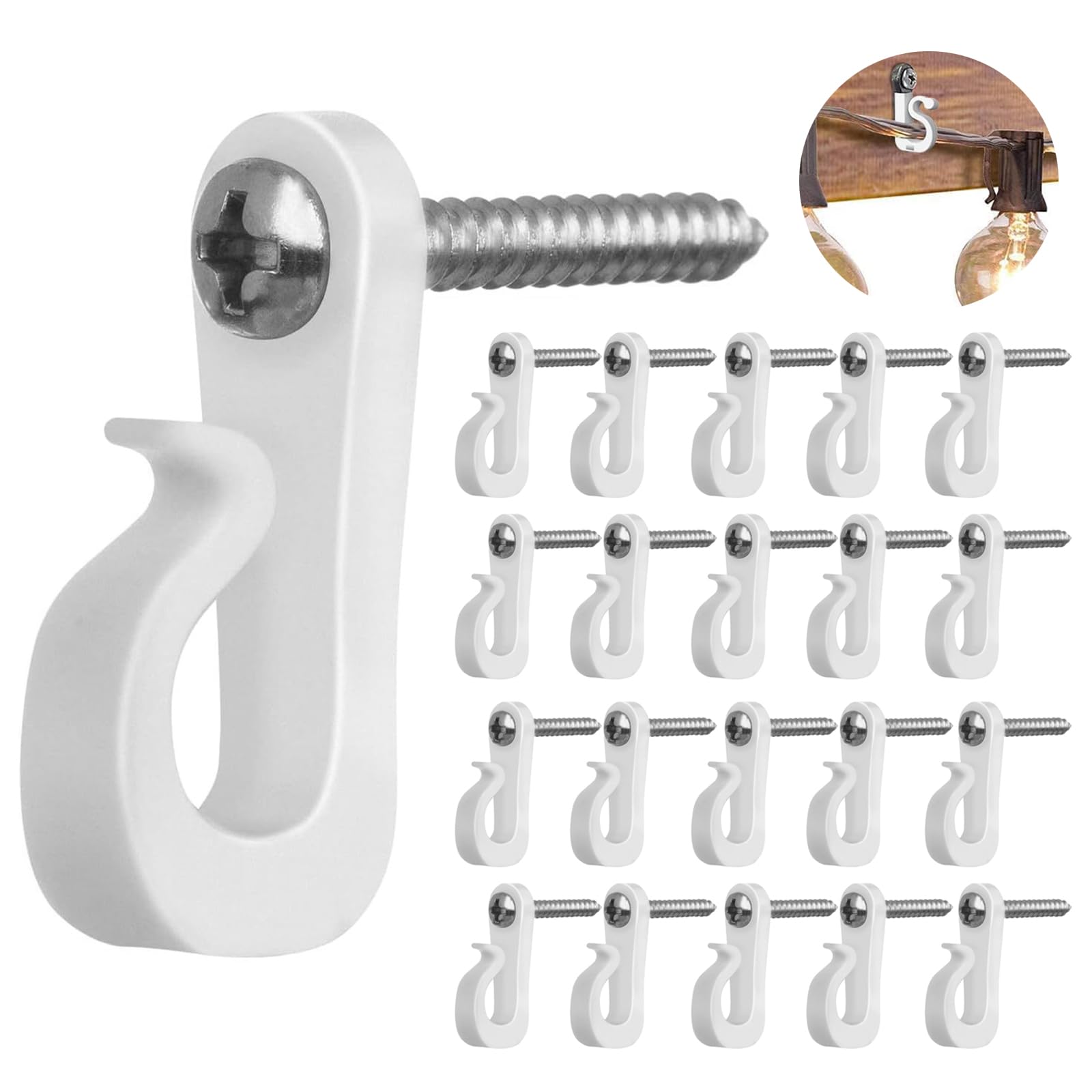 Palmcee 20PCS Q-Hanger Screw Hooks, Zinc Alloy Hanger Hooks for Outdoor String Lights,Wall Ceiling Hooks for Hanging Outdoor String Lights, Wind Chimes Decoration, Potted Plants - White