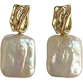 18K Gold Plated Baroque Pearl Earrings for Women Minimalist Geometric Square Chunky Pearls Drop Earrings