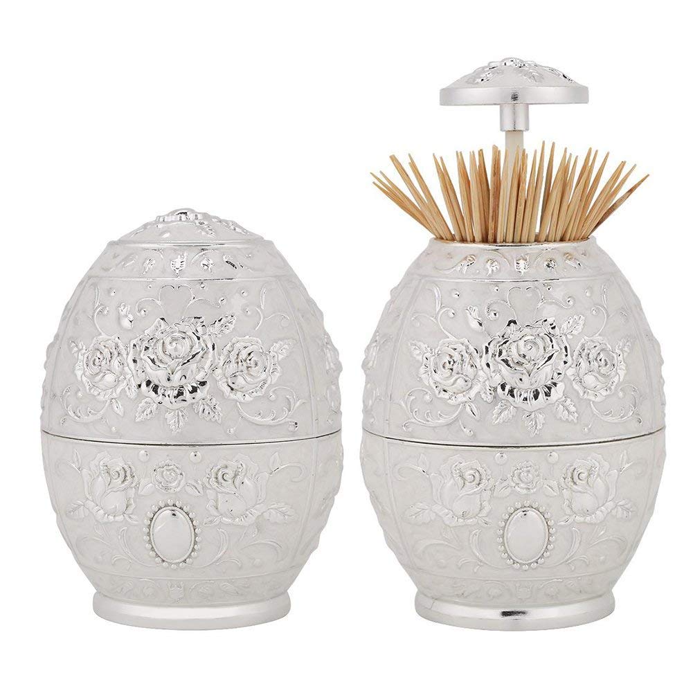 Semme Toothpick Container, Metal Zinc Alloy Automatic Pop-up Toothpick Holder Flower Pattern Hand Press Toothpick Dispenser(Silver)