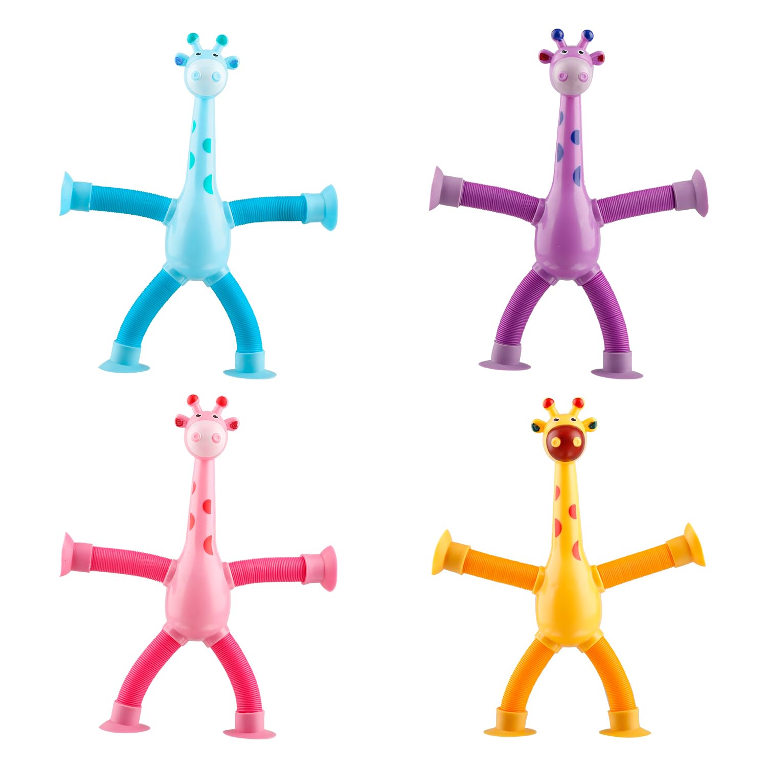 Luckious 4-Piece Retractable Suction Cup Giraffe Toys - Novelty Giraffe Sensory Toys, Stress Reducing Educational Set (Pink, Blue, Purple, Yellow)