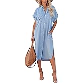 chouyatou Women's Summer Loose Hand Pocket Midi Long Tunic Denim Shirt Dress