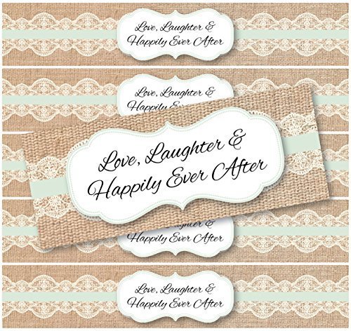 48 Burlap and Lace WATERPROOF Water Bottle Stickers for Favor Bags | Love, Laughter & Happily Ever After | (Light Turquoise) by Product80