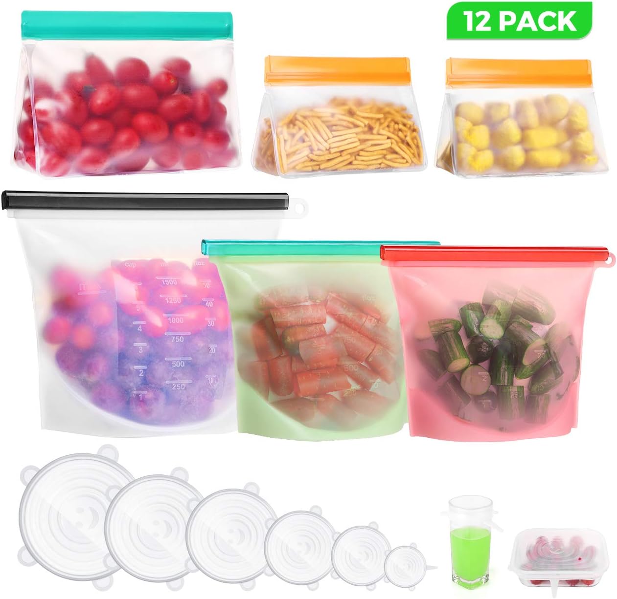 CENJOY 12 Pack Silicone Reusable Storage Bags (50oz+30oz2) & Rezip Reusable Storage Bags (3 Pack) & Silicone Stretch Lids (6 Pack) Airtight Seal Sandwich Bags Reusable for Food Snacks Fruit Lunch