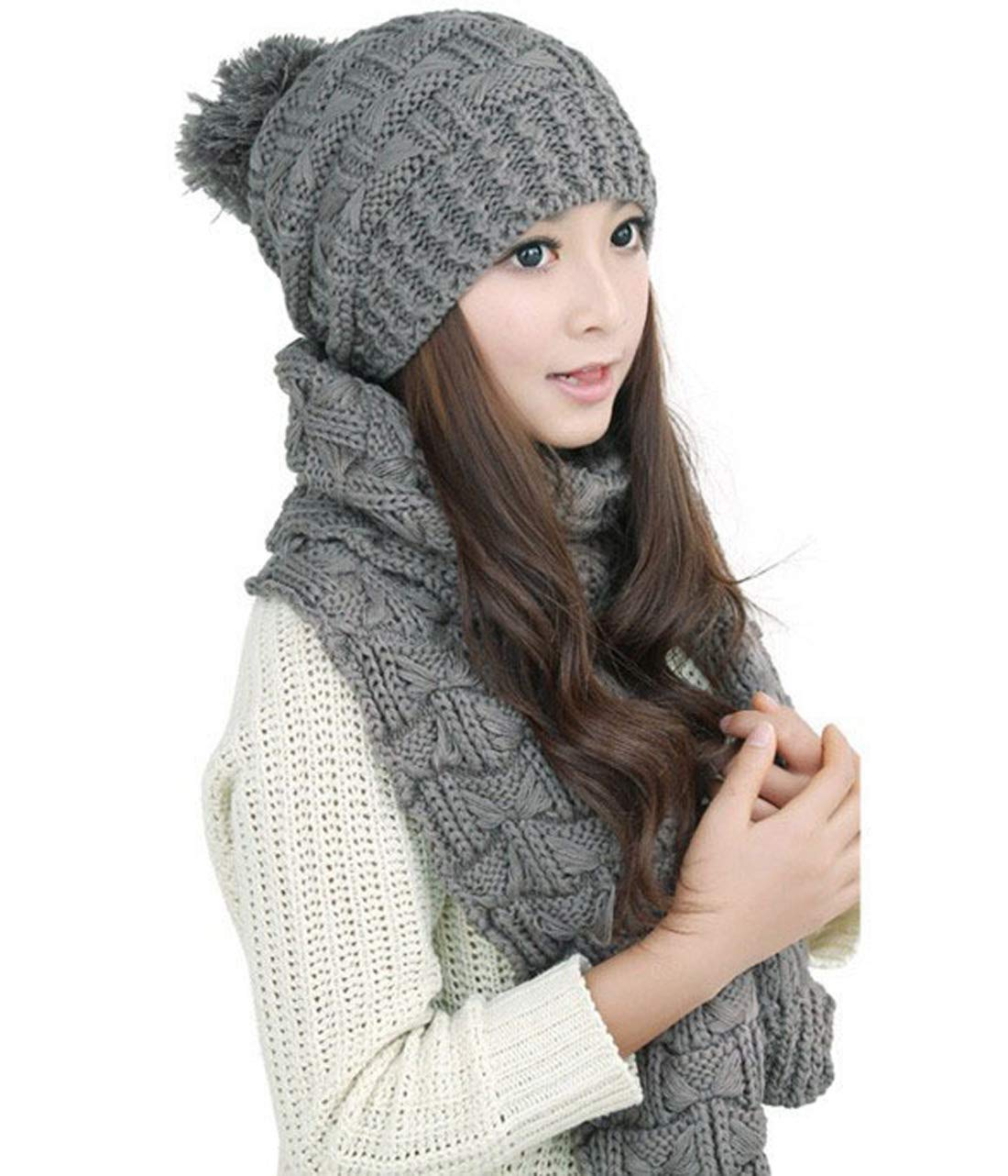 AISHNE Women Winter Hat Scarf Set for Lady Girl Warm Grey Knitted Thicken Beanie Cap 1 Set -gray