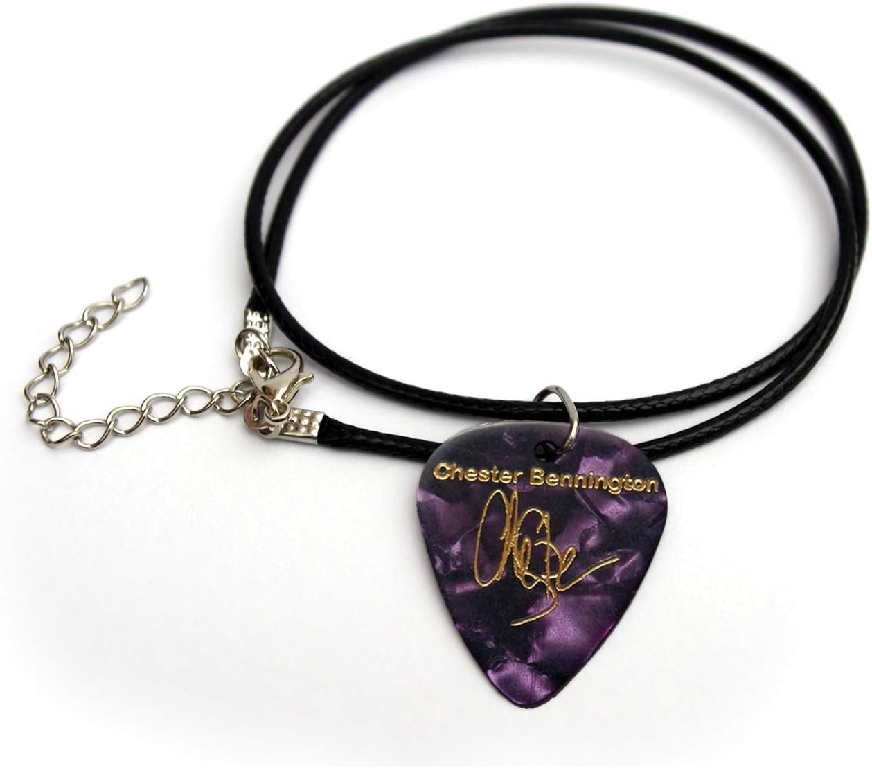 Chester Bennington Gold Printed signature guitar pick plectrum cord necklace 18" Purple pearl