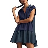 Fisoew Womens Summer Sweatshirt Dresses Short Sleeve V Neck Casual Oversized Patchwork Mini Dress Dark Blue, Large