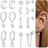 Dochais Flat Back Cartilage Earrings for Women Trendy Dainty CZ Flatback Studs Earing Sets 14k Gold Plated Hypoallergenic Huggie Hoops Earring Stacks for Multiple Piercing