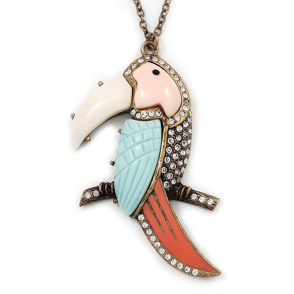 Avalaya Large Multicoloured Kakadu Bird Pendant with Long Chain/Aged Gold Metal/ 70cm L