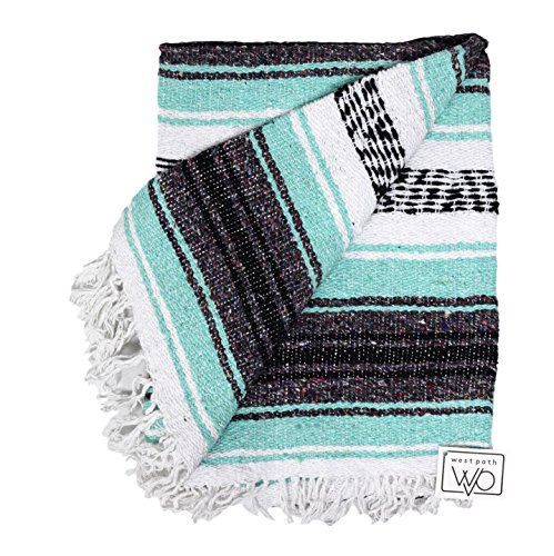 Open Road Goods Mexican Blanket - Mint Teal & Grey Mexican Falsa Beach Blanket - Mexican Yoga Blanket, Picnic Blanket, or Home Throw. Handwoven