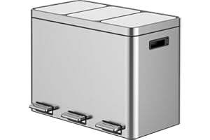 Joankaren 3 Compartments Trash Can, Stainless Steel Trash Can with Recycling Bin, 3 x 4 Gal (3 x 15L) Soft-Close Lid, Step-on