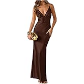 Floerns Women's Satin V Neck Cocktail Dress Spaghetti Strap Bodycon Wedding Guest Maxi Dresses