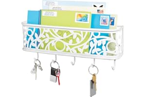 mDesign Wall Mount Metal Entryway Storage Organizer Mail Sorter Basket with 5 Hooks - Letter, Magazine, Coat, Leash and Key Holder for Entryway, Mudroom, Hallway, Kitchen, Office - Matte White