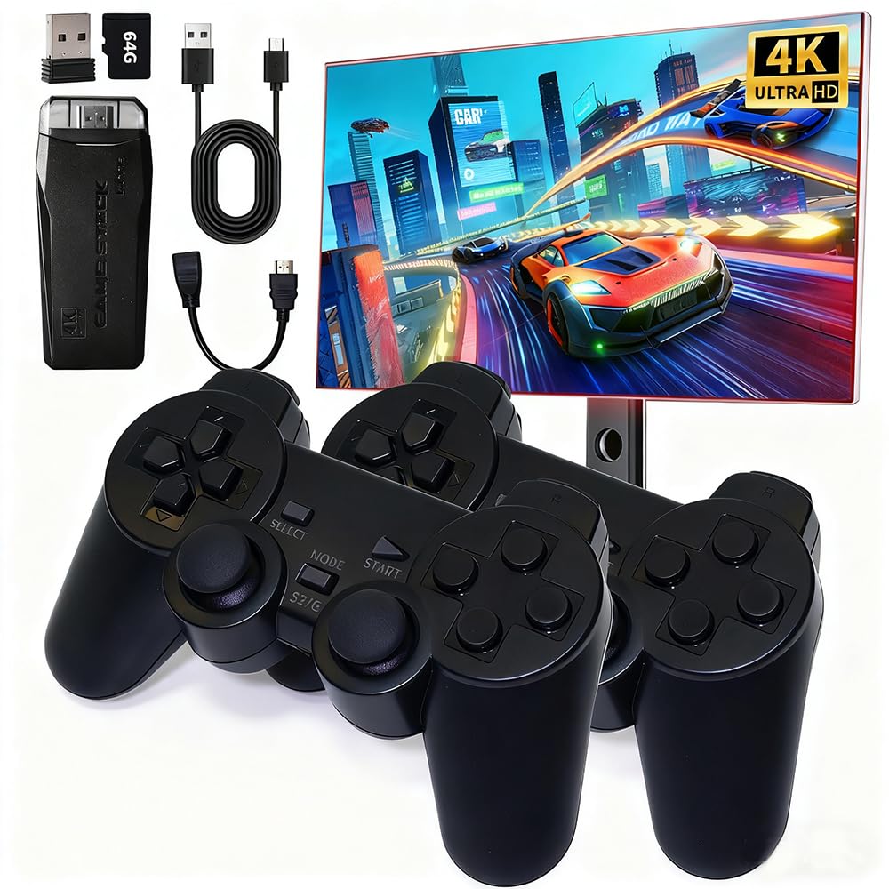Photo 1 of Retro Game Console Stick – Plug & Play Wireless Video Game System with 20,000+ Classic Games, 9 Emulators, 4K HDMI Output, 2.4GHz Dual Controllers, Nostalgic Arcade Stick for Adults & Kids (64G)