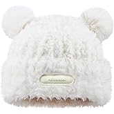 HENWASAI Cute Fuzzy Bear Ears Beanie Hat for Women Furry Beanie with Pom Pom Winter Warm Knitted Hat Bear Costume Accessories