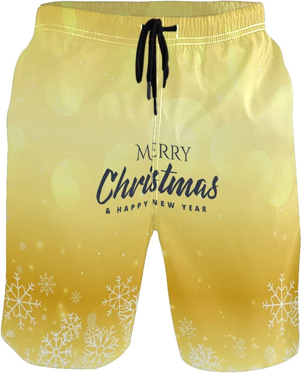 Golden Merry Christmas Snowflakes Mens Fit Quick Dry Short Swim Trunks